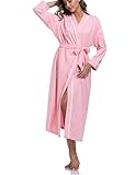 COLORFULLEAF Bademantel Damen 100% Baumwolle Lange Sauna Morgenmantel Langarm Leicht Weiche Kimono Frauen Nachtwäsche mit Taschen(Rosa,L)