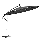SONGMICS Sonnenschirm mit LED-Solar-Beleuchtung, Ampelschirm 300 cm d, 32 LED-Lämpchen, mit Ständer, Sonnenschutz Balkon, Balkonschirm, UPF 50+, mit Kurbel, für Terrasse, Garten, grau GPU118G01