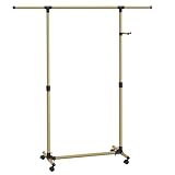SONGMICS Kleiderständer auf Rollen, Kleiderstange, höhenverstellbar zwischen 97 und 165 cm, ausziehbare Garderobenstange, Garderobenständer, seitliche Haken für Accessoires, blassgold LLR001A01
