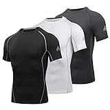 AMZSPORT Herren Kompressionsshirt Kurzarm T-Shirts Schnell Trocknend Gym Laufen Funktionsunterwäsche, 3er Pack, Schwarz, Weiß, Grau XL