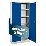 Stahlschrank abschliessbar für Werkstatt & Büro 195x92x42cm, Werkstattschrank sowie Werkzeugschrank mit 4 höhenverstellbaren Einlegeböden,Aktenschrank für 5 Reihen Ordner in Lichtgrau/Enzianblau