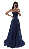 Glitzernde Pailletten Tüllkleider Damen Spaghettiträger Formelle Abendkleider Lange A Linie Partykleider Navy Blue S