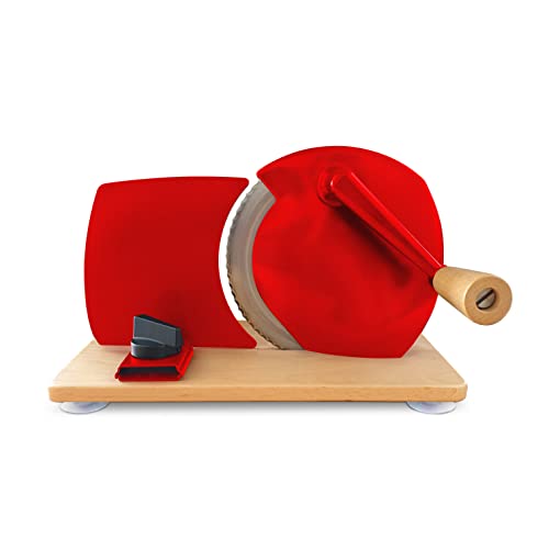Jupiter Küchenmaschine manueller Allesschneider rot mit Kurbel und Holzplatte 305004