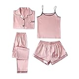 Satin Pyjama Damen 4-Teiliges Set - Schlafanzug Damen Satin Set Kurz Lang Hausanzug Mit Schrift Vorne Loungewear Trägershirt Schlafanzughose Kuschelig Pyjama Hose Leicht Nachthemd/Seidennachthemd