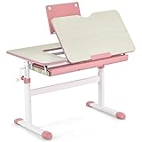 COSTWAY Kinderschreibtisch 51-73cm Höhenverstellbar, Schülerschreibtisch mit neigbarer Tischplatte, Bücherständer, Schublade & Messlineal, ergonomischer Jugendschreibtisch für 3-12 Jahre Kinder (Rosa)