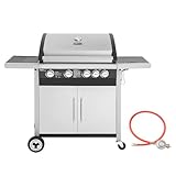 Royal Gourmet 4+1 Brenner Gasgrill Grillwagen mit Unterschrank, Edelstahlbrenner mit 14,5 kW und automatischer Zündung Campinggrill mit Seitenbrenner Silber