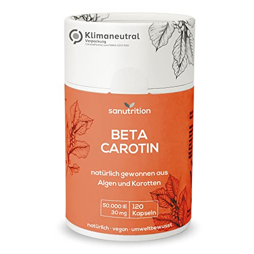 Beta Carotin aus Alge 50.000 IE Vitamin A pro Kapsel | 120 Kapseln | Hochdosiert | aus Dunaliella-salina-Alge und Karotten-Extrakt | gute Bioverfügbarkeit und Verträglichkeit | Vegan