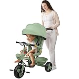 Dreirad-Kinderwagen mit Pedal, 4-in-1, erweiterbares Dreirad für Kinder, Dreirad mit Pedal, Sonnenblende, faltbar, abnehmbar, und verstellbarer Elternstock, 100 x 75 x 50 cm, Grün
