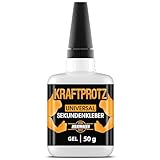 50 g Sekundenkleber extra stark - Inkl. Anti-Austrocknungs-Spitze - KRAFTPROTZ - Dickflüssiger Superkleber - Universell verwendbar zum Kleben von Plastik, Kunststoff, Glas, Holz, Stein, Metall uvm.