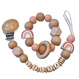 2er Set Schnullerkette & Greifling mit Namen Jungen Mädchen Personalisierte Schnullerband Holz Clip Baumwolle Schnuller Clips für Neugeboren (Rosa Regenbogen)