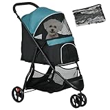 PawHut Hundebuggy 2 in 1 Katzenwagen, Hundewagen mit Regenschutz, Klappbarer Katzenbuggy mit Meshfenster für kleine, Miniaturhunde, Oxford, Dunkelgrün