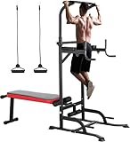 Power Tower multifunktional mit klappbarem Hantelbank, Dip Station Klimmzugstange, Krafttraining Ganzköpertraining Heimfitness, inkl. Trainingsbänder, Ladekapazität bis zu 200KG