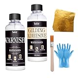 Blattgold Kleber Set, 100ml Kleber und 100ml Schutzlack and 100 Stück Blattgold, 1 Pinsel, Blattgold Vergoldungs Kleber Set zum Basteln, Malen, Professionellen Bastelgebrauch und Malerei(Wasserbasis)
