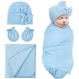 DRESHOW Neugeborene Empfangsdecken Baumwolle Warm Schlafsack mit Fäustlingen & Bogen Hüte Krankenhaus Baby Swaddling