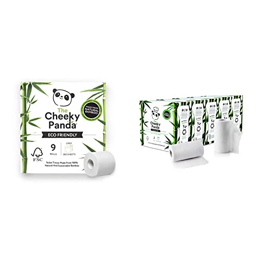 The Cheeky Panda Toilettenpapier aus Bambus - 9 Rollen mit je 200 Blatt - 3-Lagig - Hypoallergen - Plastikfrei - Nachhaltig - Umweltfreundlich & Reißfest & - Küchenrolle aus Bambus - 10x 200 Blatt