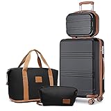 KONO Reisekoffer Set Gepäcksets 4 Teilig Kofferset, 55cm Handgepäck mit Beautycase Kosmetikkoffe mit handgepäck Reisetasche mit Kulturbeutel (Schwarz/Braun)