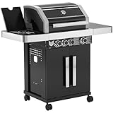 Gasgrill BBQ CHIEF 6.0-3 Edelstahl Brenner, Seitenbrenner, 10,5 kW, Gusseisen Grillrost, Deckel, Thermometer, Rollen, Schwarz - Grill, Grillwagen, Grillstation für Camping, Balkon, Garten