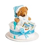 Windeltorte Junge in Blau mit Kuscheltier, Geschenke zur Geburt für die Mutter, Taufe oder Baby-Party - Geschenkidee mit neugeborene Windeln - Inklusive Glückwunschkarte