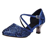 Paillettenschuhe für Damen, Tanzschuhe für Damen, niedriger Absatz, Knöchelriemen, mittelhoher Blockabsatz, geschlossener Zehenbereich, Pumps mit Kreuzriemen, modisch, Pailletten-Leder, spitzer