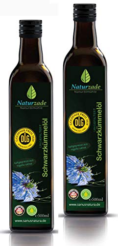 Naturzade Schwarzkümmelöl 1000ml Ungefiltert Glasflasche ( 2 x 500ml ), kaltgepresst, direkt vom Hersteller