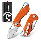 VR VIRENKNIFE Damast Taschenmesser mit Clip, Scharfes Damaststahl Klappmesser, Klappmesser mit G10 Griff und Flipper, EDC Messer Einhandmesser für Camping Wandern, Orange