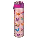 ion8 Trinkflasche 500 ml Auslaufsicher Einhandöffnung Sichere Verriegelung Spülmaschinenfest BPA-frei Tragegriff Klappdeckel Leicht zu Reinigen, Klimaneutral, Schmetterlinge