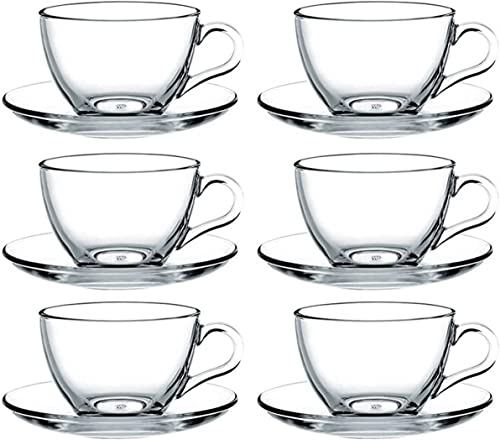 Pasabahce 12 Stück Tassen mit Unterteller Basic, für Tee, Kaffee, Cappuccino, für 6 Personen Transparent