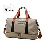 Sporttasche Reisetasche für Damen Herren und 3 Schuhbeutel, Oxford-Stoff Weekender mit Schuhfach Nassfach, Große Handgepäck Trainingstasche, wasserdichte Schwimmtasche, 46 * 28 * 25cm(Khaki)