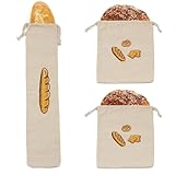 Zasjon Brotbeutel Leinen 3 Stück Brotsack Wiederverwendbar Brotbeutel aus Baumwollleinen, Vintage Baguette-Tasche mit Kordelzug, Brotbeutel Aufbewahrung Frischhalten für Brot,Obst,Gemüse