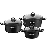 Topfset Induktions Scheffler Kochtopf Induktion Töpfe Set 6-teilig,Antihaft-beschichtete Topfe,Kochtopf Set mit Glasdeckel,Spülmaschinenfest-Black(HL-21PS62)