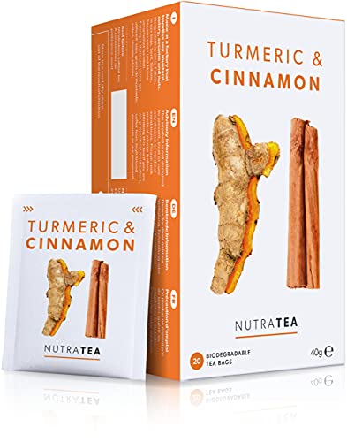 Nutra Tea Turmeric & Cinnamon - Tee mit 100 % Kurkuma & Zimt - Fördert Verdauung & Immunsystem, erhält einen gesunden Glucose- & Lipid-Pegel - 20 Verpackte, Wiederverwendbare Teebeutel - Kräutertee