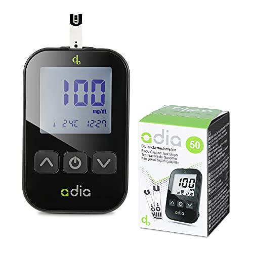 adia Diabetes-Set (Messeinheit: mg/dl) mit 60 Blutzuckerteststreifen, Stechhilfe und 10 Lanzetten zur Blutzuckerkontrolle