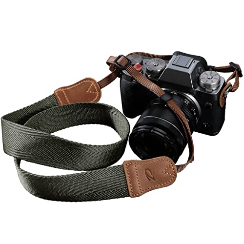 Olivgrün Kameragurt - Zweilagige Vollnarben Rindsleder Lederenden, 1,5 Zoll breiter, aus Baumwolle gewebter Kameragurt, verstellbarer Universal-Umhängegurt, passend für alle DSLR / SLR Kameras