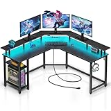 Rolanstar Schreibtisch L Form mit LED & Steckdosen, 135 cm Computertisch mit Monitorständer & Ablagefläche, Reversibler Eckschreibtisch mit 2 Haken, perfekt für Arbeitszimmer Schlafzimmer Büro