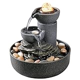 Evisso Zimmerbrunnen 2-stufiger Wasserbrunnen Meditation Dekorativer Wasserfallbrunnen mit LED/Kopfsteinpflaster/Glasrollenkugel Beruhigende Geräusche für Büro und Zuhause (21098)