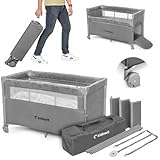 kidnort Naste 3-in-1 Reisebett Baby 120x60 cm Beistellbett, Laufstall & Zusatzbett bis 15 kg, faltbar & leicht, inkl. Komfortmatratze, Seiteneingang, Befestigungsgurte, Tragetasche, Hellgrau