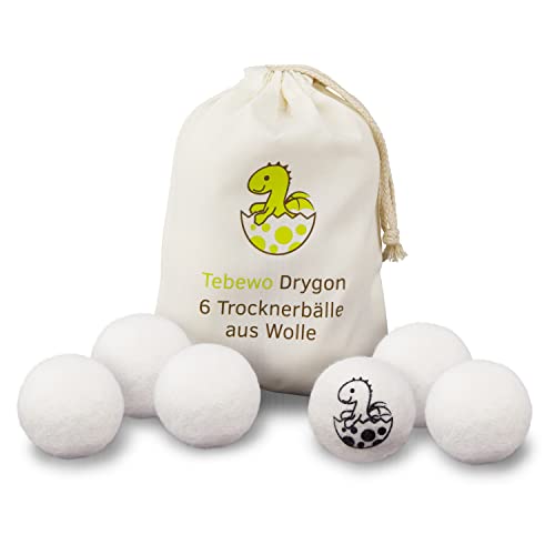 Tebewo Drygon Trockner-Bälle 6er Set | Wasch-Trockner-Bälle aus Schafs-Wolle für Wäsche-Trockner | Natürlicher, umweltfreundlicher Weich-Spüler | Dryer Balls | Ideal für Daunen, Bettwäsche, Jacken