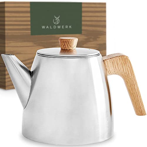 WALDWERK Teekanne mit Siebeinsatz - Teekanne Thermo Doppelwandig - Teekanne mit Sieb aus 304 Edelstahl - Teebereiter mit echten Eichenholzgriffen - Tee Kanne 100% Tropffrei