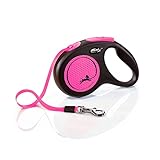 flexi® Neon M Gurt 5 m schwarz, neon-Pinker Gurt, reflektierende Seitenfläche, Roll-Leine für Hunde bis 25 kg