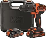 Black+Decker Unisex - Erwachsene, BDCHD18KB-QW - Taladro Percutor 18 V con 2 baterías 1,5 Ah y Maletín, Schwarz, Orange, 10 mm