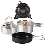 Edelstahl-Camping-Kochgeschirr-Sets mit Klappdeckel, antihaftbeschichtet, Wasserkocher-Set für Outdoor-Kochen, Picknicks, Camping-Kochgeschirr-Set, Edelstahl-Lagerfeuer, Kochtöpfe und Pfannen,