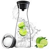 Qintora Glas-Karaffe 1.2L Glaskaraffe mit Deckel aus Edelstahl, Wasserkaraffe mit Fruchteinsatz aus hitzebeständigem Borosilikatglas,Saft Krug für hausgemachte Getränke,Eistee,Milch,Kaffee,Wein