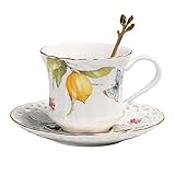 SGeneE Keramik-Kaffeetassen-Sets, Teetasse mit Untertasse und Löffel, Vintage-Blumen-Nachmittagstee, Porzellan-Teeservice mit Goldrand, C (A)