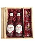 Sasse Amérie Münsterländer Aperitif Set – 2x 700ml 16% vol. Flaschen + 2 Gläser – Fruchtiger Himbeerlikör in stilvoller Holzbox –