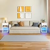YITAHOME Nachttisch 2er Set mit LED-Beleuchtung, Beistelltisch mit Schublade offenes Fach Nachtschrank Schlafzimmer Beistelltische fürs Wohnzimmer einfacher Aufbau Weiss