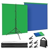 Greenscreen Blau Hintergrund mit Ständer, Foccalli 2-in-1 6.5x5ft Green Screen Blauer Grüner Hintergrund Kit für Chroma Key Streaming Gaming Fotoshooting mit Tragetasche und 5 Clips