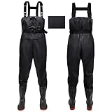 IEEILULU Wathose Herren Damen, Wathose Anglerhose mit Stiefel, Wathose mit Brusttasche und Verstellbarer Riemen, Nylon Wader Watstiefel Anglerhose Wasserdichte Rutschfest Matschhose (Schwarz, 43)