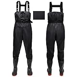 IEEILULU Wathose Herren Damen, Wathose Anglerhose mit Stiefel, Wathose mit Brusttasche und Verstellbarer Riemen, Nylon Wader Watstiefel Anglerhose wasserdichte rutschfest Matschhose (Schwarz, 47)