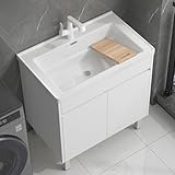 Keramik-Waschtisch mit Schrank und Wasserhahn, freistehend, Badezimmer-Waschtisch-Kombination für Waschküche und Hauswirtschaftsraum, kompaktes, platzsparendes Design für Küche und Bad, Weiß, 70 x 50