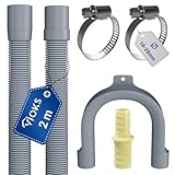 VIOKS Set Flexibler Abwasserschlauch Spülmaschine 2 Meter 19/22mmØ + 2x Klemmen Schlauchschellen Edelstahl 18-28mmØ + 1x Schlauch Verbindungsstück + 1x Haltebogen - Ablaufschlauch Waschmaschine Set